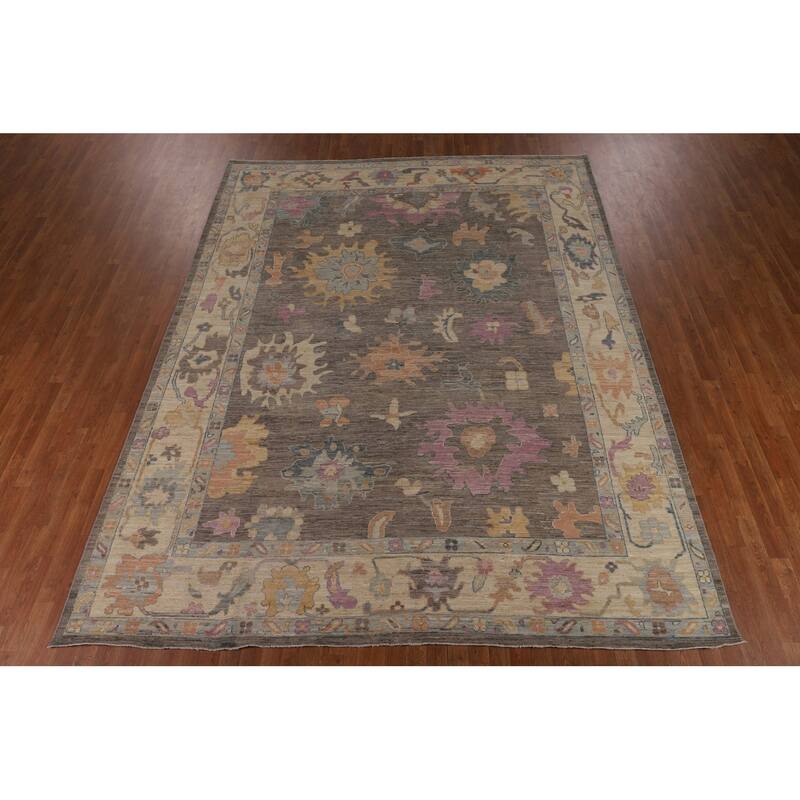 Vegetable Dye Oushak Turkish Rug Hand-Knotted Brown Wool Carpet - 9'2"x 11'10"