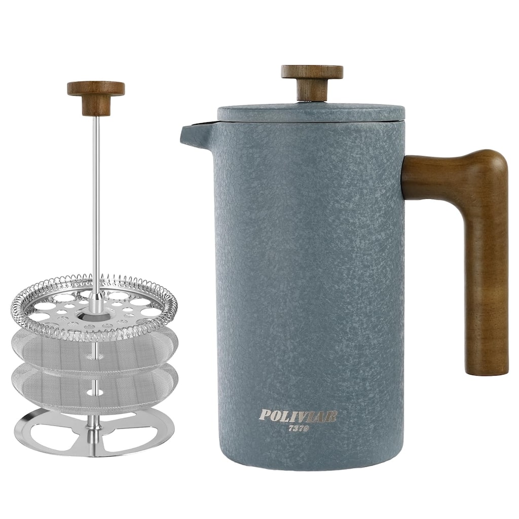 French Press Coffee Maker, 34 Ounce Coffee Press, Double Wall Insulation & Dual-Filter Screen, Food Grade Stainless Steel