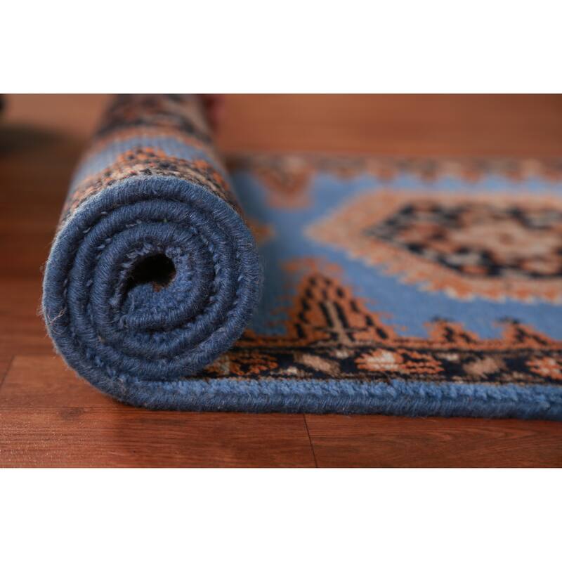 Hand Knotted Oriental 100% Wool Carpet Traditional Geometric Navy Blue & Blues Viss Runner Rug - 9' 8'' X 2' 6''
