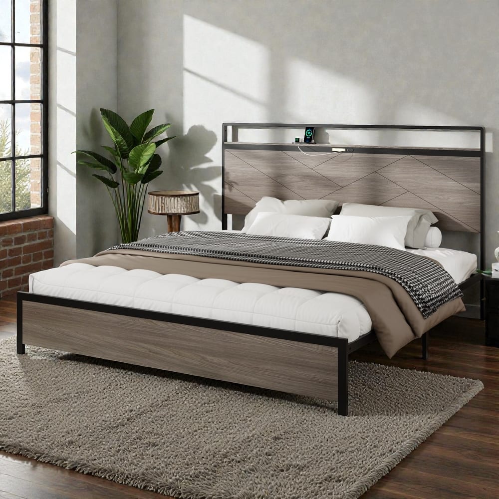 Modern Metal Platform Bed Frame with Wood Headboard LED Lights, USB & Type-C Charging Station, Large Underbed Storage