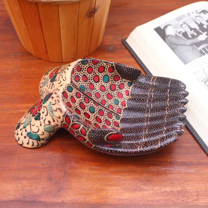 Novica Handmade Giving Hands Batik Wood Catchall - 2.4" H x 7.75" W x 5" D