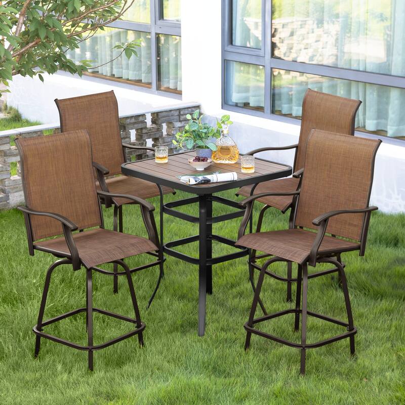 Patio Textilene Bar Set of 5, Height Back Bar Stools and Faux Wood Tabletop