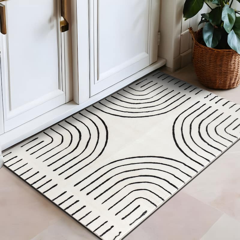 World Rug Gallery Bohemian Lines Washable Non Slip Area Rugs - Ivory - 2'x3'