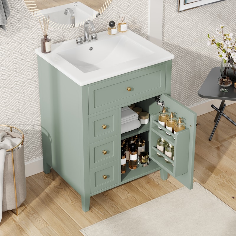 24" Bathroom Vanity with Sink, 3 Drawers & Storage Cabinet, Adjustable Shelves, MDF/Rubberwood