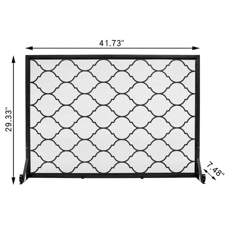 Modern Single Panel Black Geometric Pattern Iron Fireplace Screen- - 41.73'' x 12.20'' x 29.33''