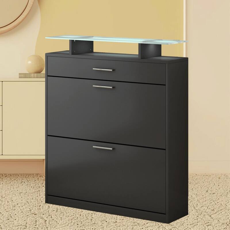 Contemporary Shoe Rack Storage Cabinet with Adjustable Shelves, Tempered Glass Top and LED Lighting, for Hallway Organize - Black