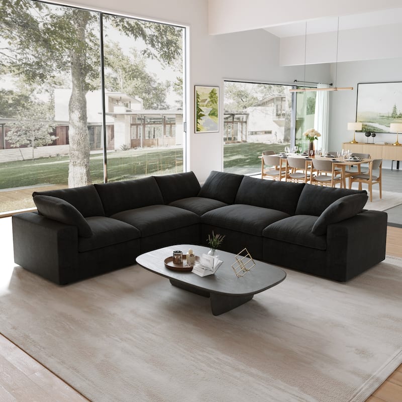 Black Commix Down Filled Overstuffed Sectional Sofa with Ottoman - V shaped