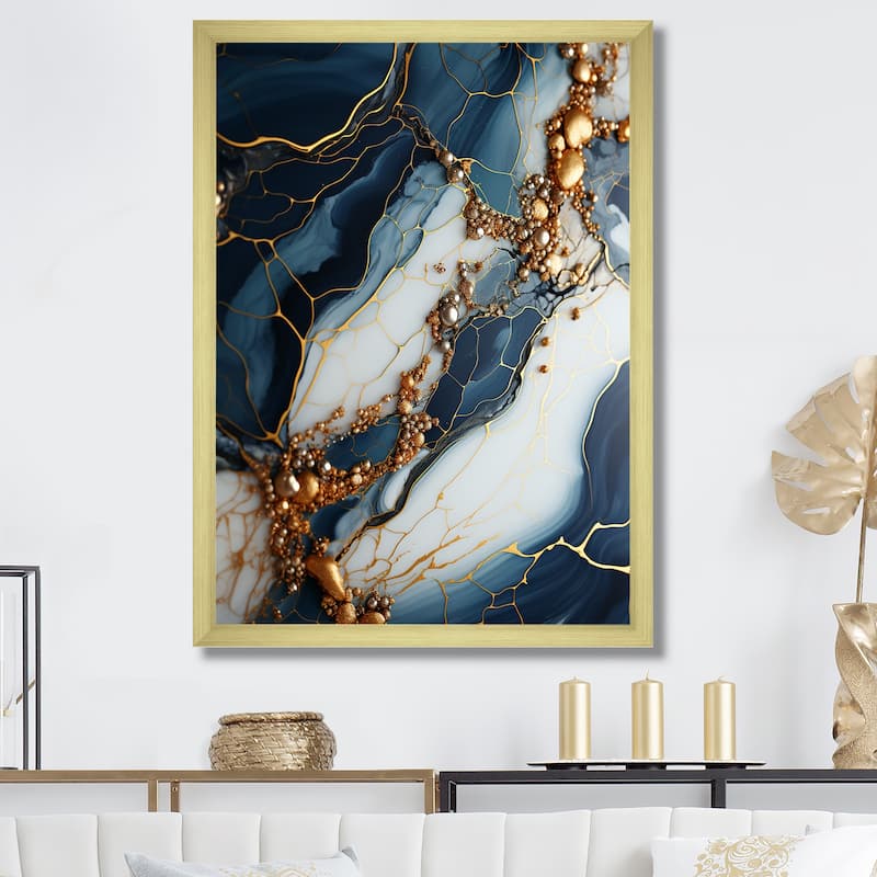Designart "Gold And Blue Geode Art III" Abstract Liquid Ink Wall Decor Gold - Modern Living Room Framed Canvas Art - 16 in. wide x 32 in. high - Gold