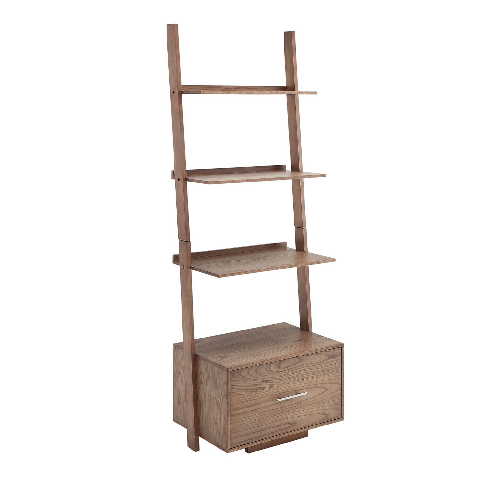 Leaning bookshelf with outlet drawer