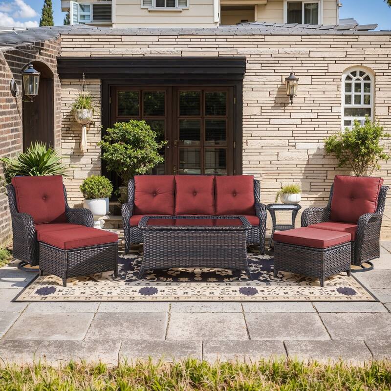 Pocassy Outdoor 7PCS 3-Seat Sofa Swivel Chairs Table Ottoman - Red cushion - Brown Wicker