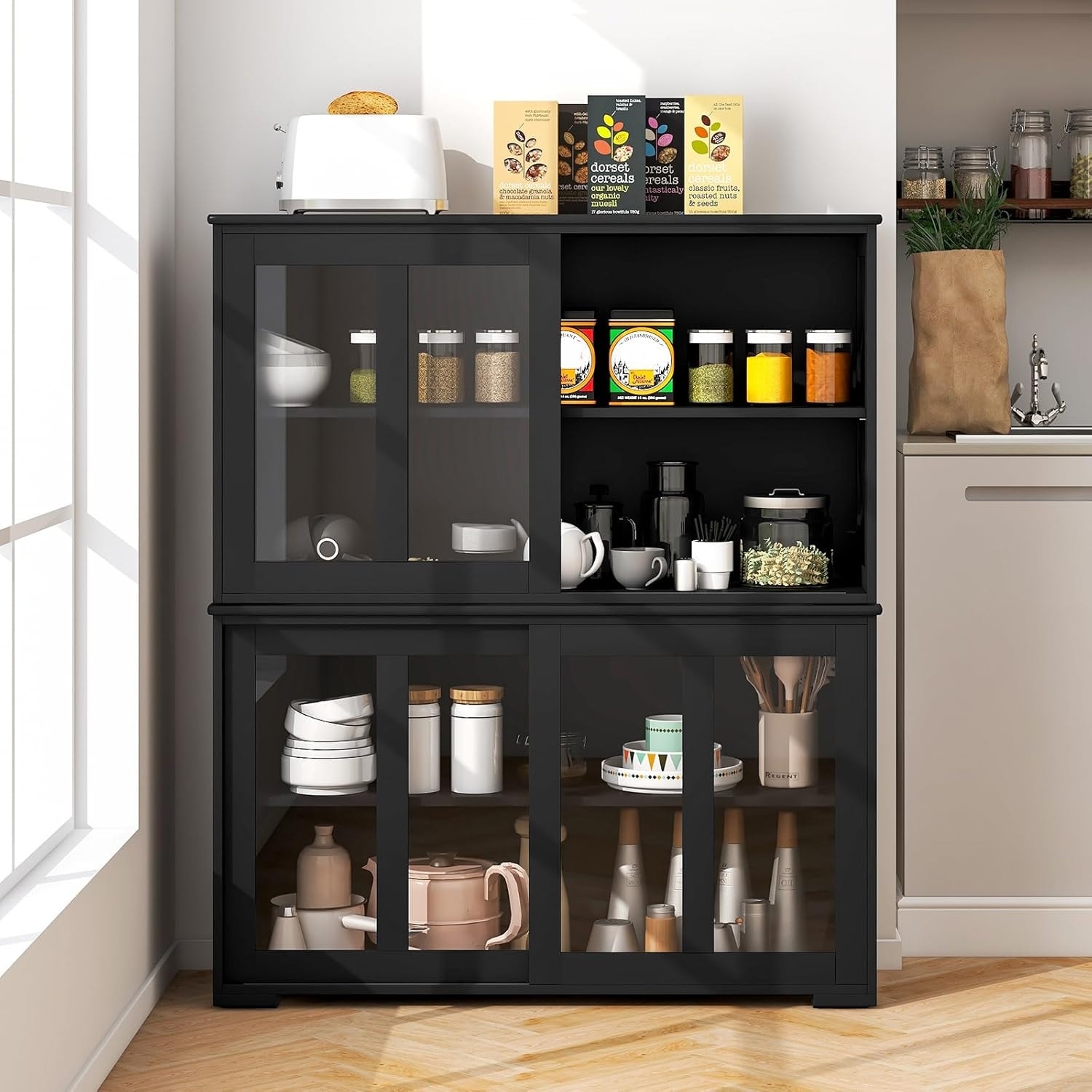 Stackable Sideboard Cabinet with Adjustable Shelf & Glass Doors, Wood Buffet Console for Kitchen, Dining, Living Room (Black)