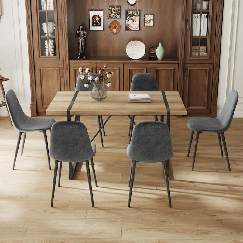 7-Piece Dining Table Set for 6, 55" Wood Kitchen Table with 6 Upholstered Chairs for Dining Room and Small Spaces