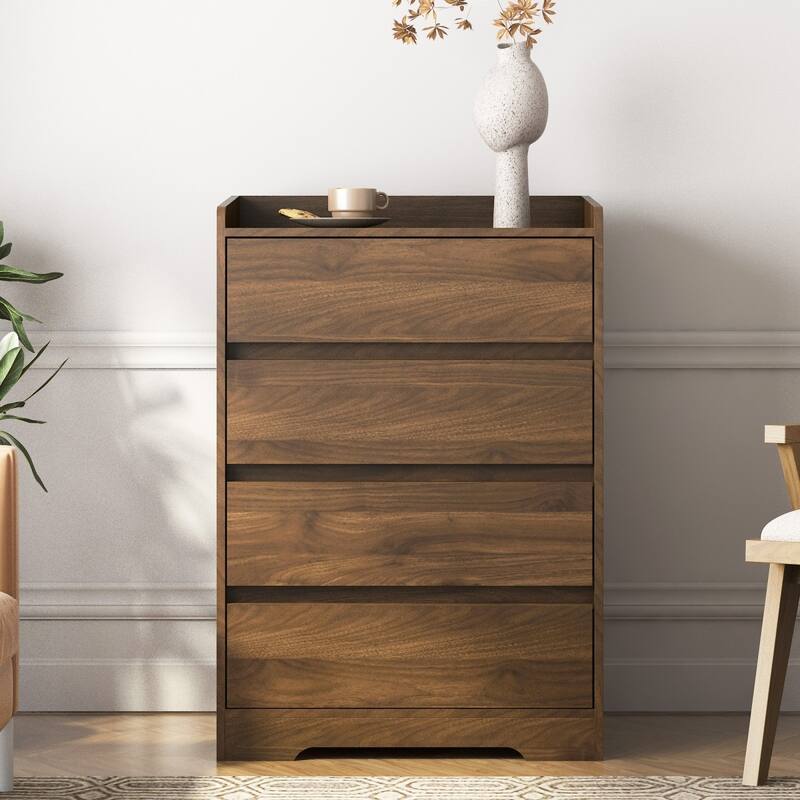 25.59" Modern Wooden 4 Drawer Dresser with No Handles and Waterproof - Walnut