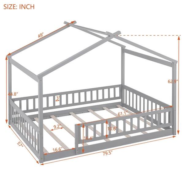 slide 2 of 9, Gray Full Size Wood House Bed with Fence - Classic Playhouse Bed for Children Gray - Full