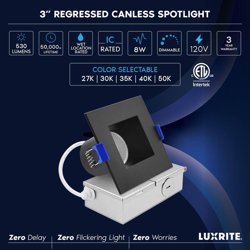 Luxrite 3 in. Square LED Recessed Ceiling Light J-Box 8W 5CCT 530 Lumens Wet Rated Black Trim 4 Pack