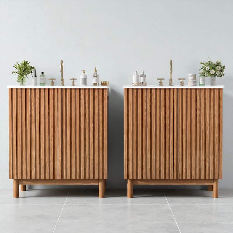 59.8" Bathroom Vanity with Ceramic Sink, Transitional Wood Cabinet, Soft-Close Doors & Adjustable U-Shaped Shelf - Wood