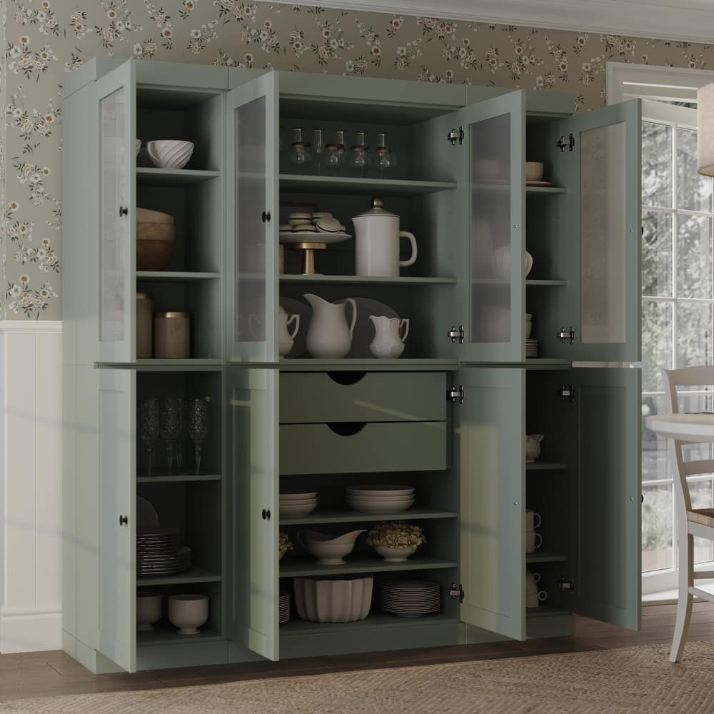 Palace Imports 100% Solid Wood 65" Pantry Cabinet with Frosted Glass, Shaker Doors, 2-Drawers and Adjustable Shelves