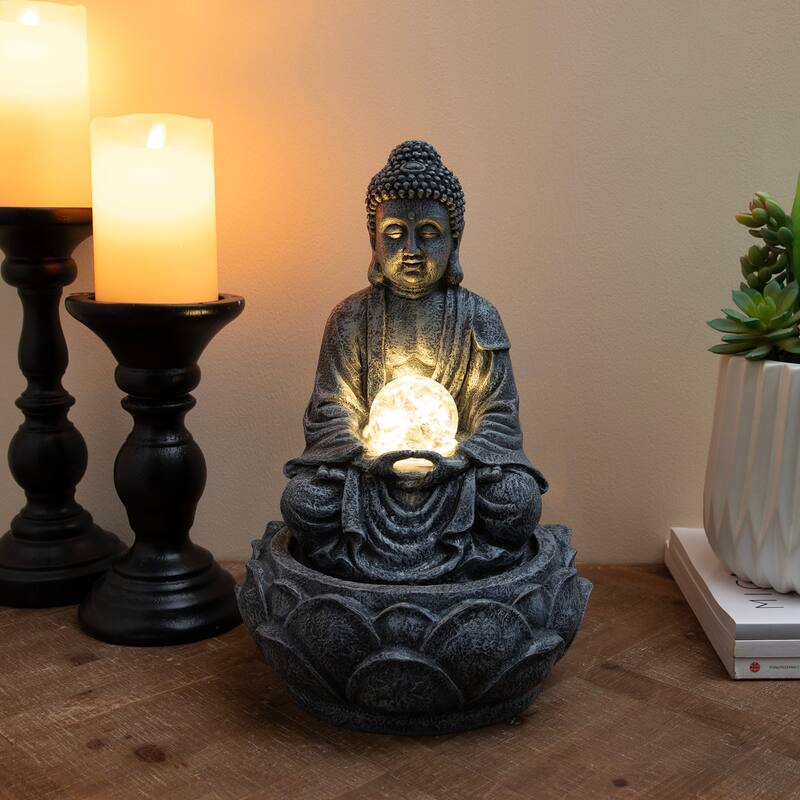 Glitzhome 12"H Zen-Style Polyresin Table Fountain with Pump and LED Light