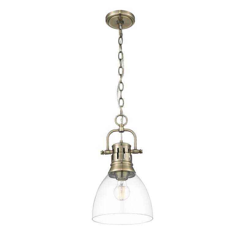 Yep by Golden Lighting Duncan 1-light 9in chain hung Pendant in Aged Brass and Clear Glass