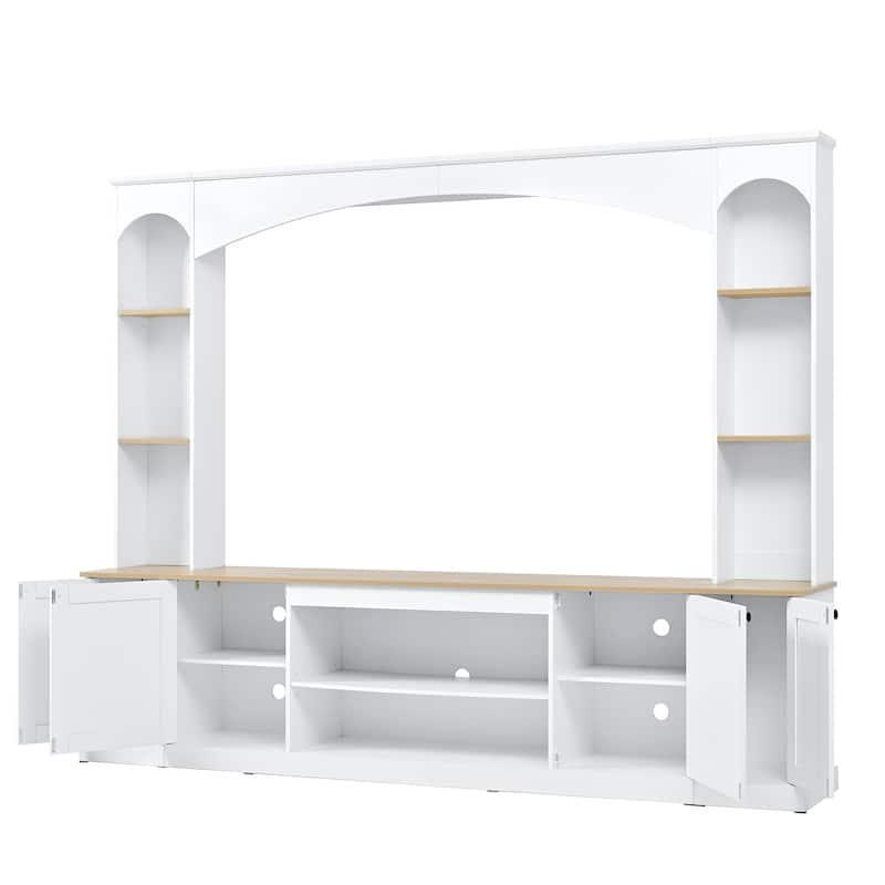 Elegant Arched Entertainment Center Wall Unit with Bookshelf, Farmhouse TV Stand with Wood Grain for TVs Up to 70"