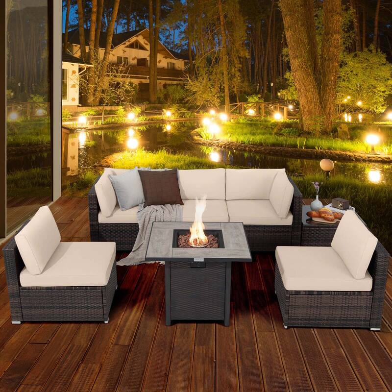 Costway 7PCS Patio Rattan Furniture Set 30'' Fire Pit Table Cover - See Details