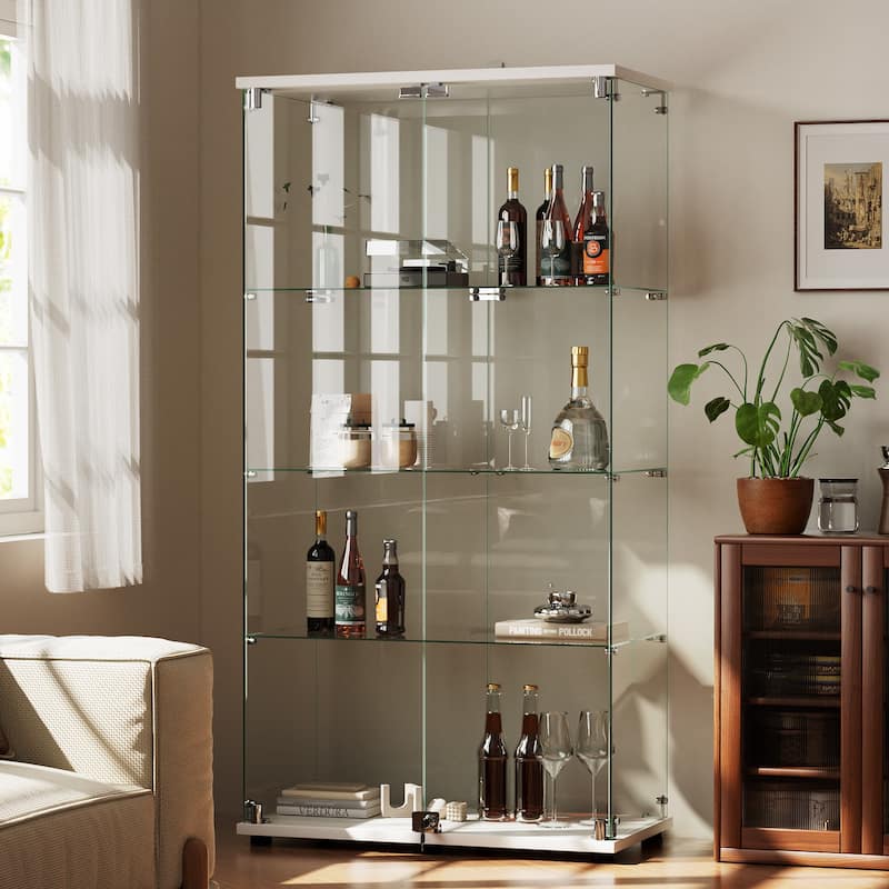 4-Shelf Glass Display Cabinet with Lock, 64"H Freestanding Curio Display Showcase for Collectibles - 32"W x 64"H - White Top