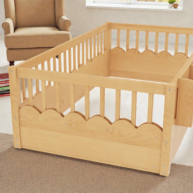 Twin Floor Bed with Heightened Fence and Bookshelf, Wooden Montessori Floor Bed for Kids, Low Profile Design