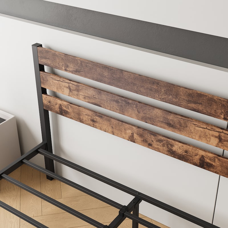 Modern Style Metal Platform Bed with Rustic Vintage Wooden Headboard for Bedroom