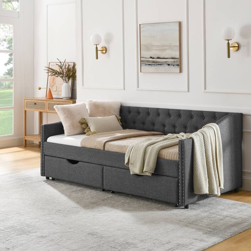 Roomfitters Twin/Full/Queen Upholstered Daybed with Tufted Backrest, Nailhead Trim and Underbed Storage Trundle