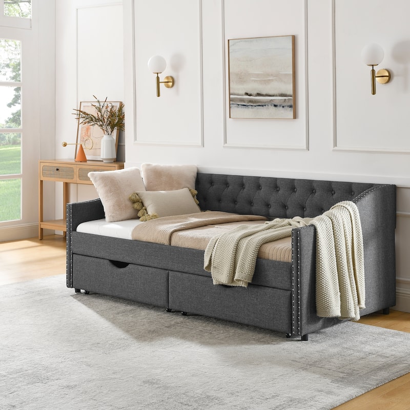Tufted Button Daybed with 2 Storage Drawers/Upholstered Sofa Bed Frame w/Copper Nail on Waved Shape Armrests/No Spring Box Need