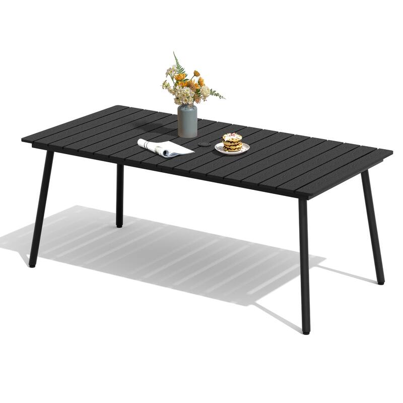 70in Outdoor Patio Rectangle Aluminum Wood-Like Dining Table with Umbrella Hole