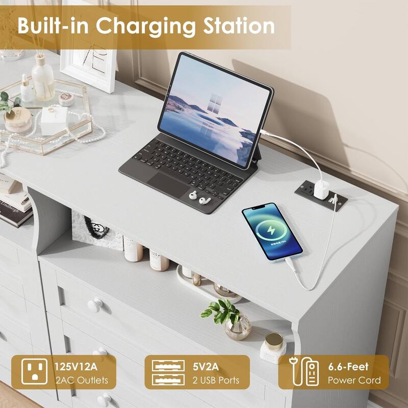 6 Drawer Dresser for Bedroom, 55" Wood Chest of Drawers with Charging Station, LED Lights and 2 Storage Compartments