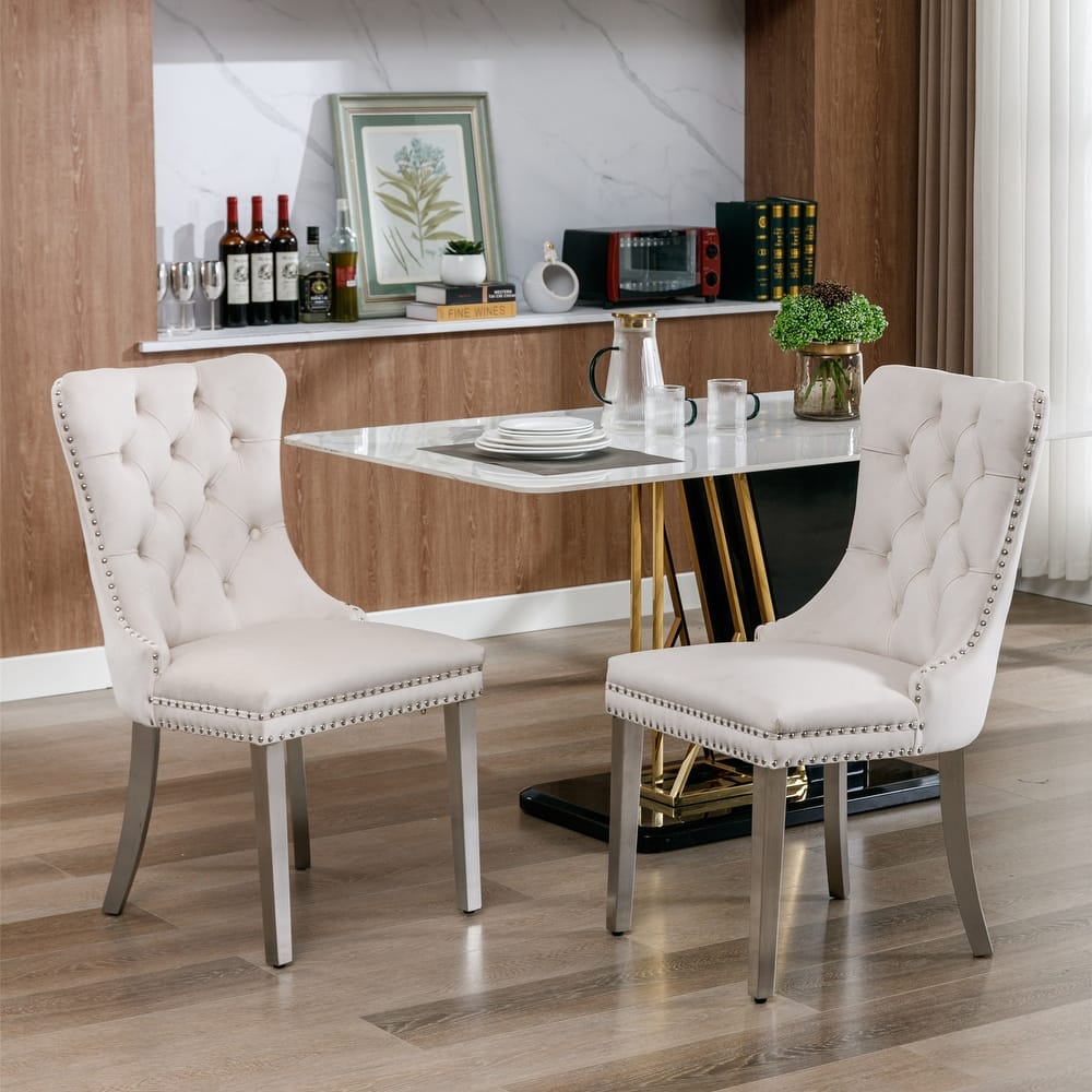 Velvet Fabric Dining Chairs Set of 2, Tufted Upholstered Dining Room Chair with Nailhead Trim & Stainless Steel Legs