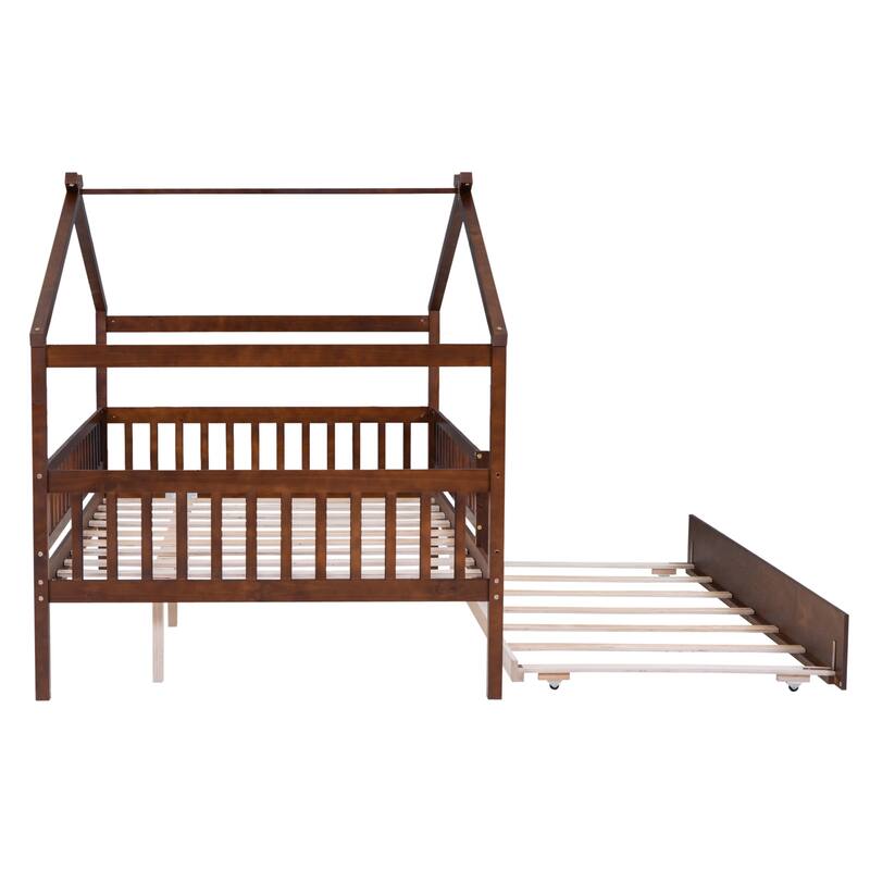 Pine House Bed with Trundle, Guardrail & Roof