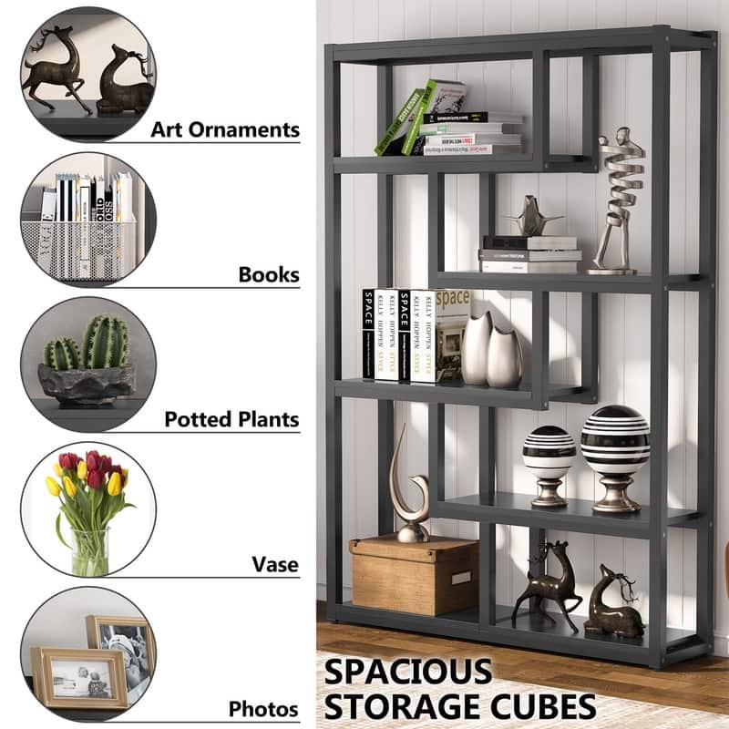 6-Tier Etagere Bookcase, Modern Industrial Staggered Bookshelf