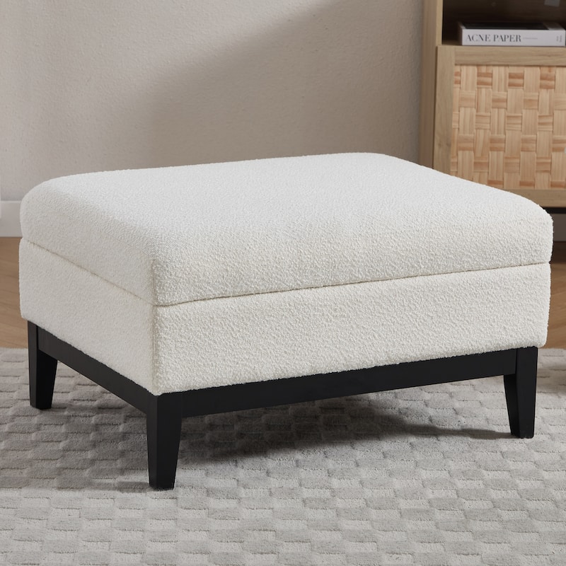33.9"W Modern Storage Ottoman Bench with Wood Legs - Ivory/Black Leg