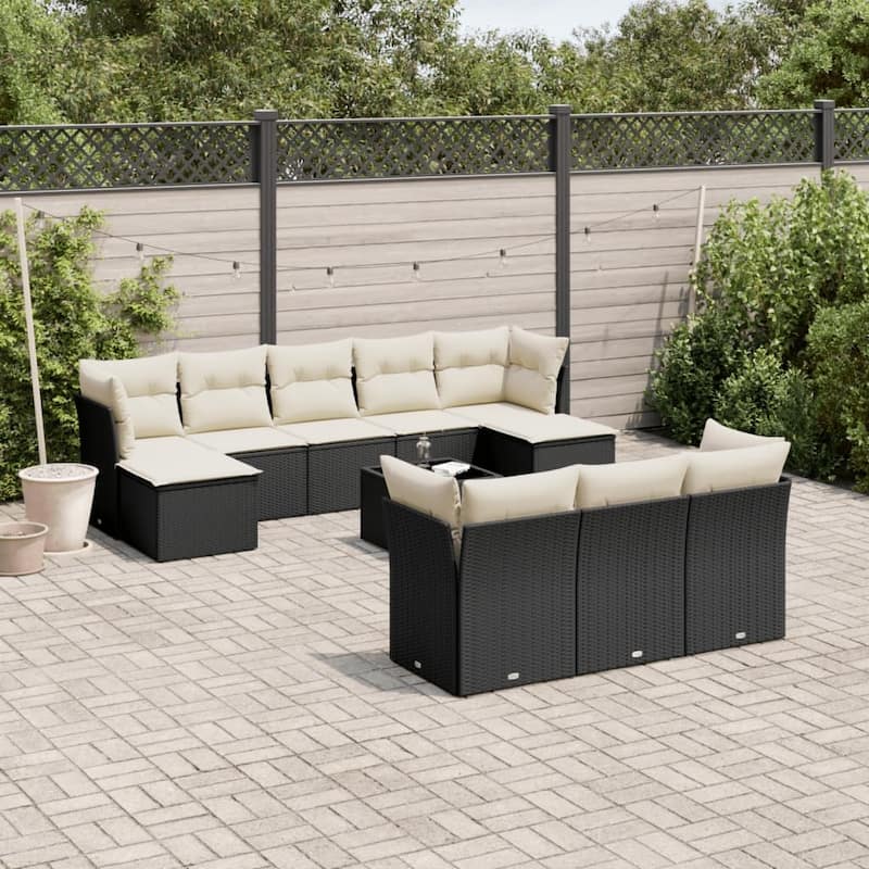 vidaXL Patio Sofa Set with Cushions Outdoor Furniture 10 Piece Poly Rattan - 21.7 x 21.7 x 14.6 - Black and cream 11 pcs