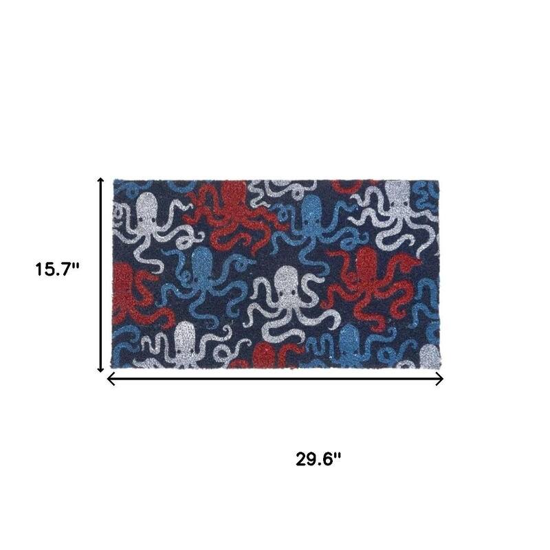 HomeRoots 16" X 30" Blue Red And White Octopus Indoor Coir Door Mat - 15.70' X '29.60