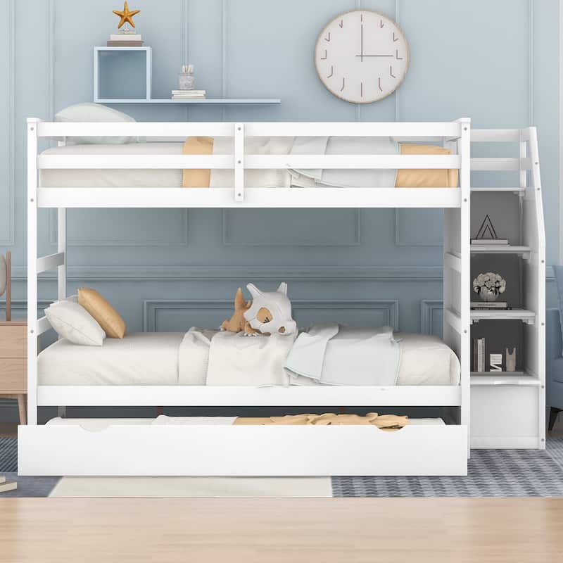 Bunk Bed with Trundle with Safety Guardrail and 3 Storage Stairs, Triple Bunk Multifunctional Space-Saving Solution for Bedroom