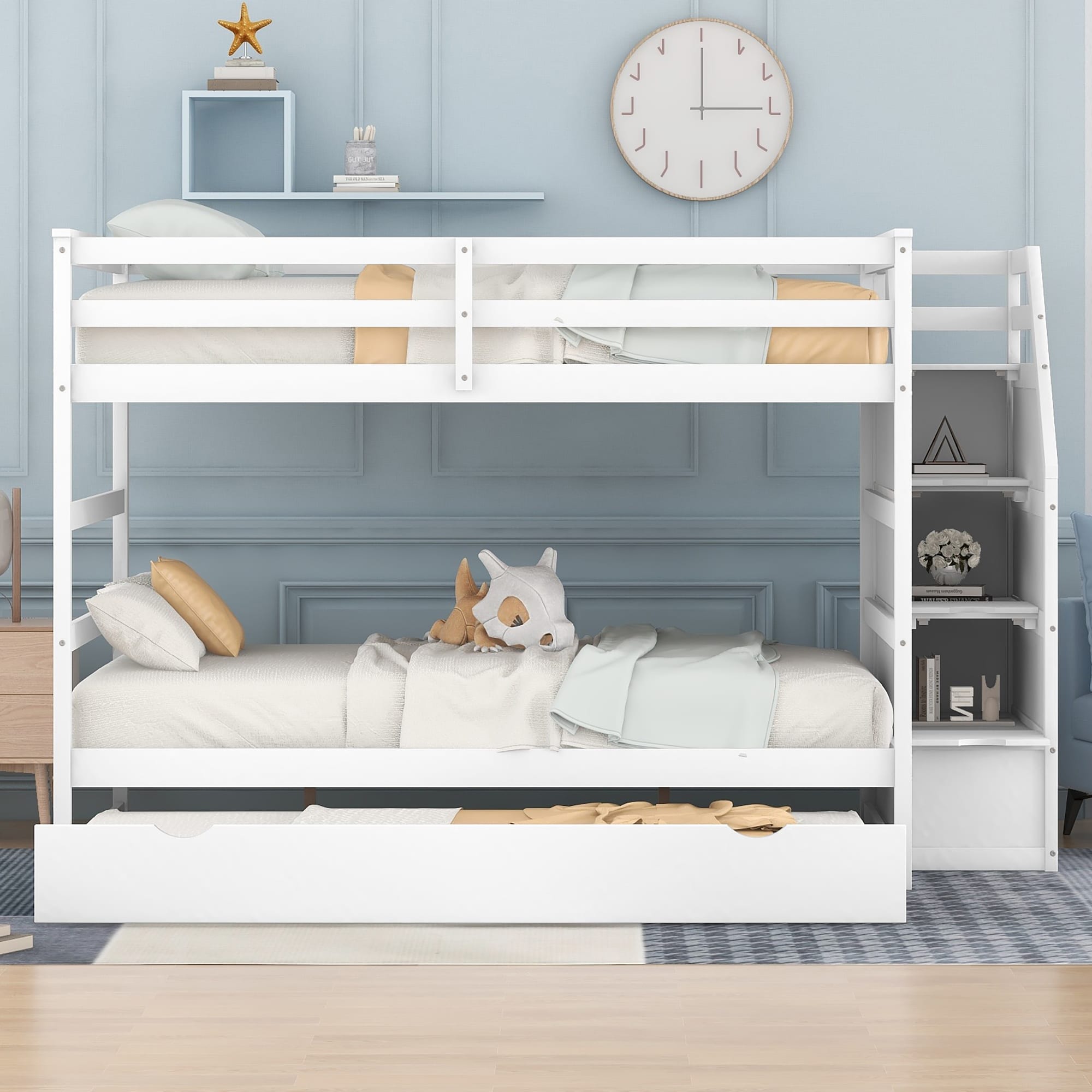 White bunk bed with 2025 trundle and stairs