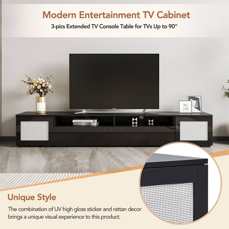 3-Piece Extended TV Stand with Color-Changing LED Lights - Rattan Style, Push-to-Open Doors, 82" Entertainment Center