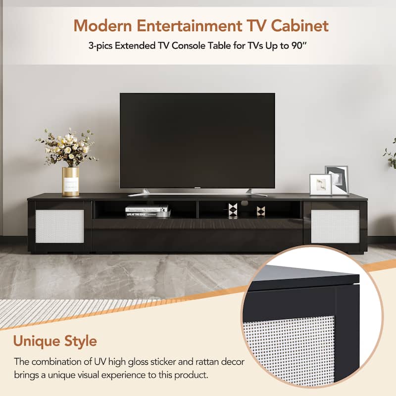 82.6" TV Console Table, Wood Entertainment Center with Push to Open Doors, LED TV Stand with Open Storage for Home Theatre