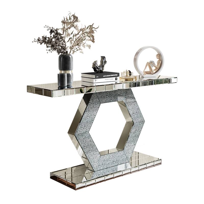 Crystal Hexagon Mirror Console Table Accent Table, Solid Wood Frame Entryway Table Foyer Table with Diamond Glass Effects