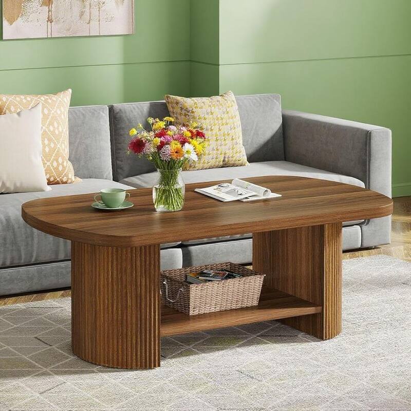 Tribesigns Oval Coffee Table 45 Inch Brown Mid Century Modern with Fluted Side and Dual Tier Storage