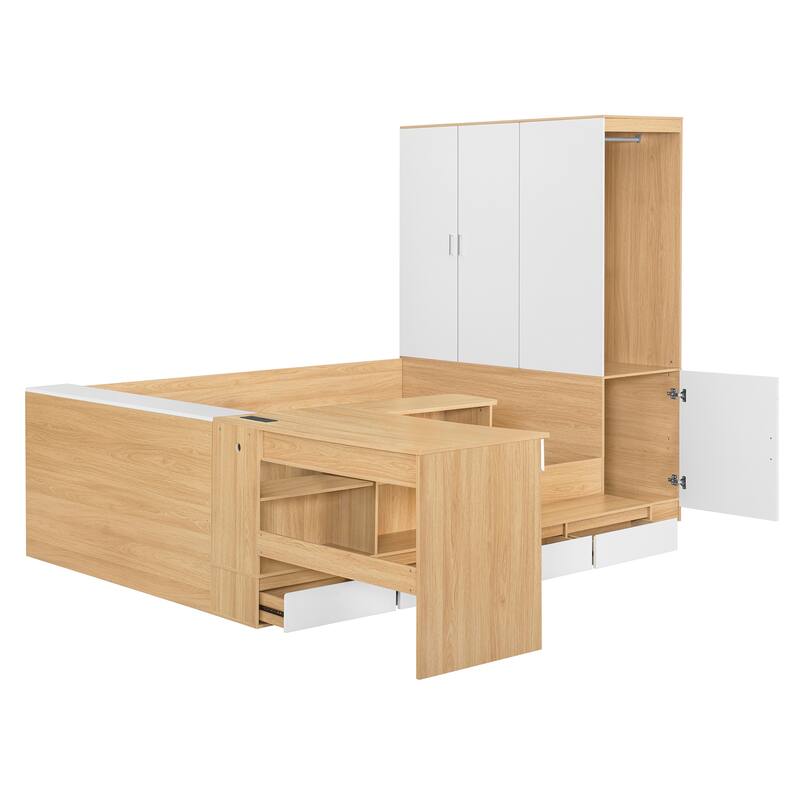 Full Size Wooden Platform Bed With 6 Drawers, Shelves, Desk And Wardrobe