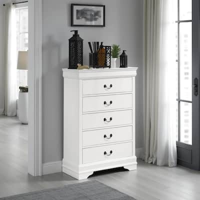 Nim Tall Dresser Chest, 5 Storage Drawers, Classic White Molded Trim