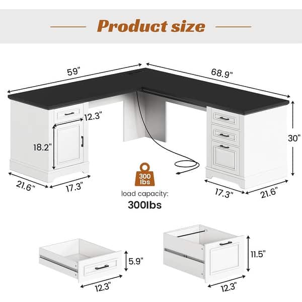 dimension image slide 13 of 30, Farmhouse Executive L Shaped Desk Home Office Desk with Drawers and Storage Cabinet & Power Outlet