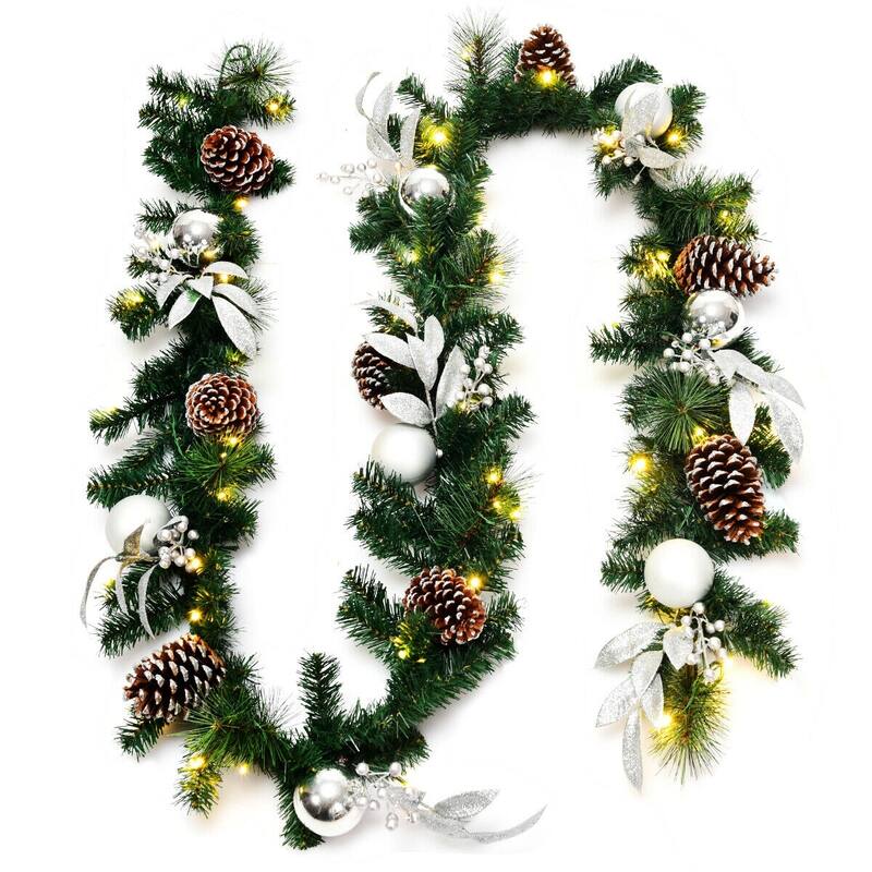Lifelike 9ft Artificial Christmas Garland with 50 LED Lights Pine Needle Foliage and Decorative Accents