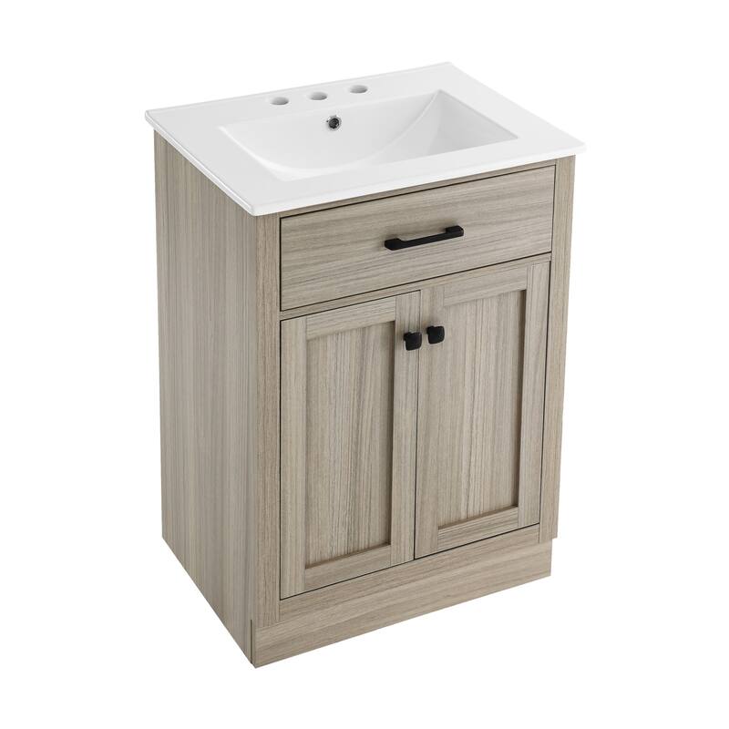 Burdon 24 In. Brown Oak Bathroom Vanity With White, 3-Hole Ceramic Sink Top