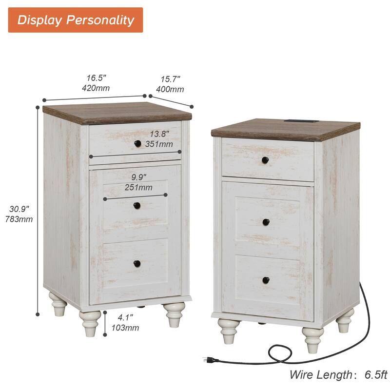 Set of 2 End Tables with Charging Station & Drawer Storage Cabinet